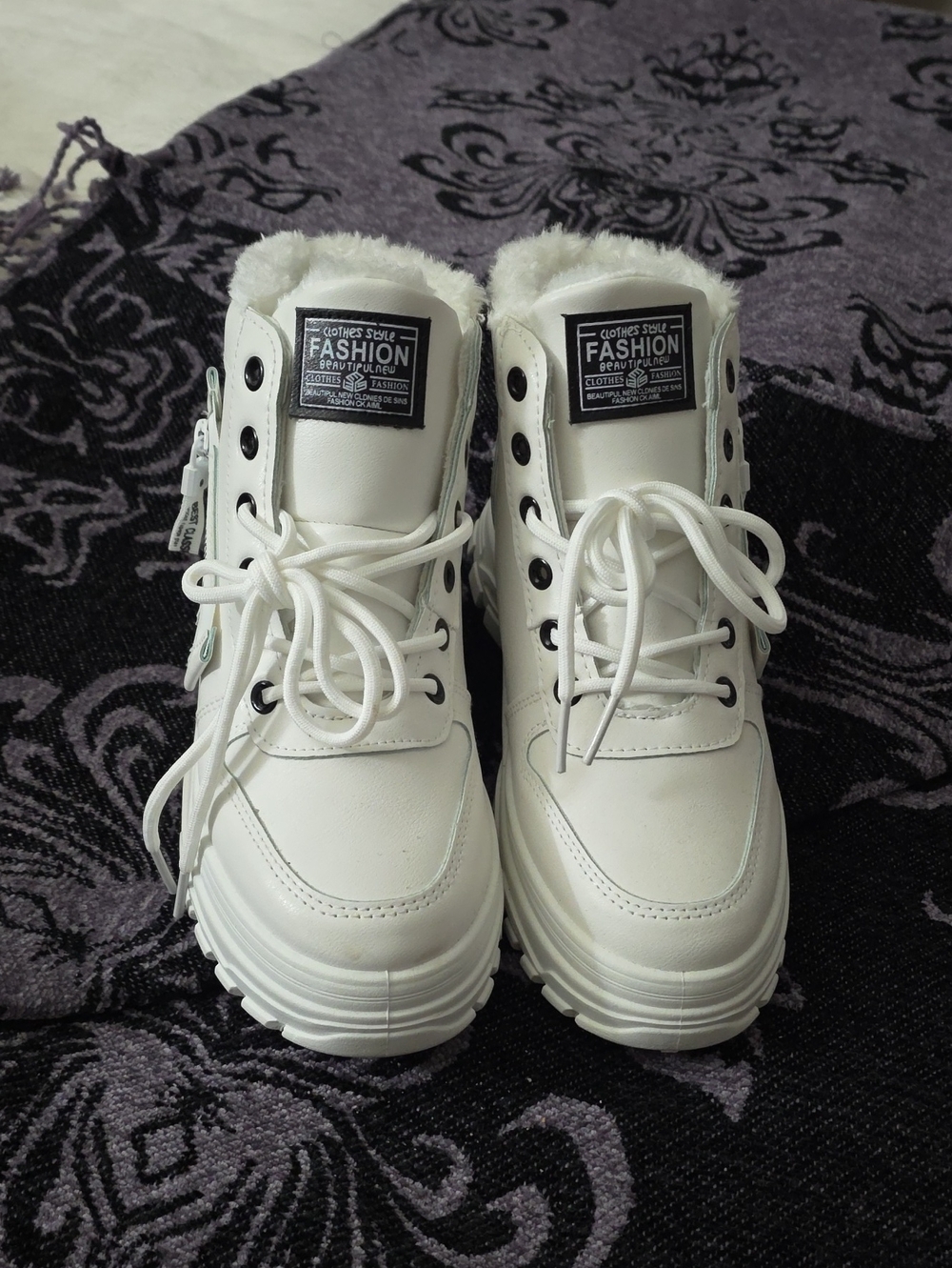 White Women's Lace-Up Ankle Booties with Faux Fur